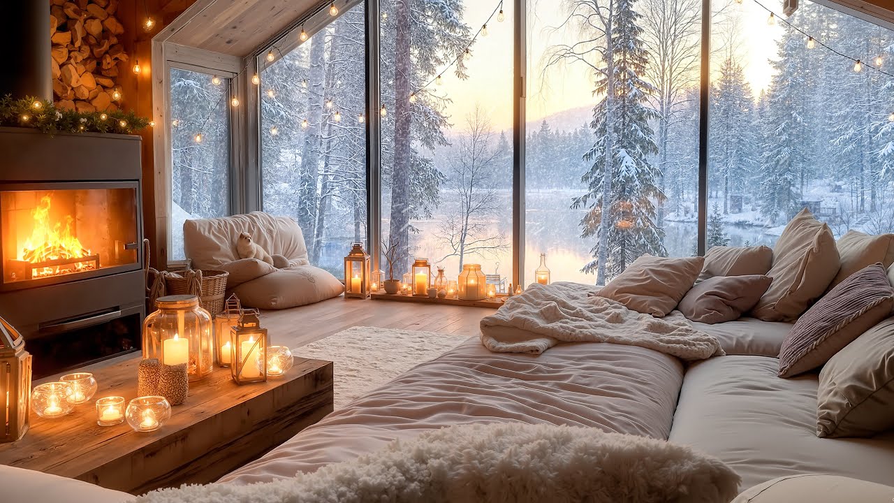 🎷 Cozy Fireplace Jazz Night ❄️ Snowy Lake View Living Room | Warm & Relaxing Ambience