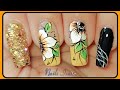 Uñas de las manos decoradas amarillo con negro y dorado / Diseño de uñas flores fácil de hacer