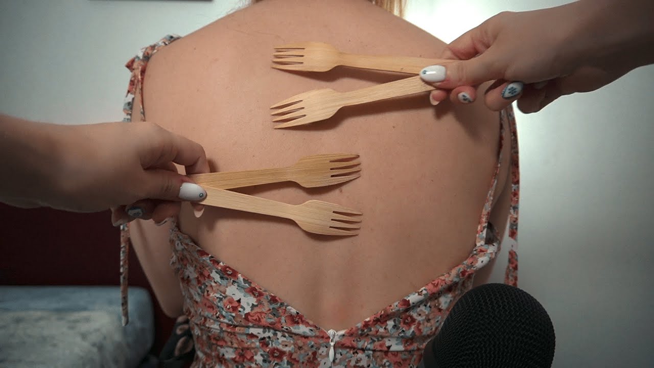 asmr back scratch with long nails, forks plus tracing, makeup brush