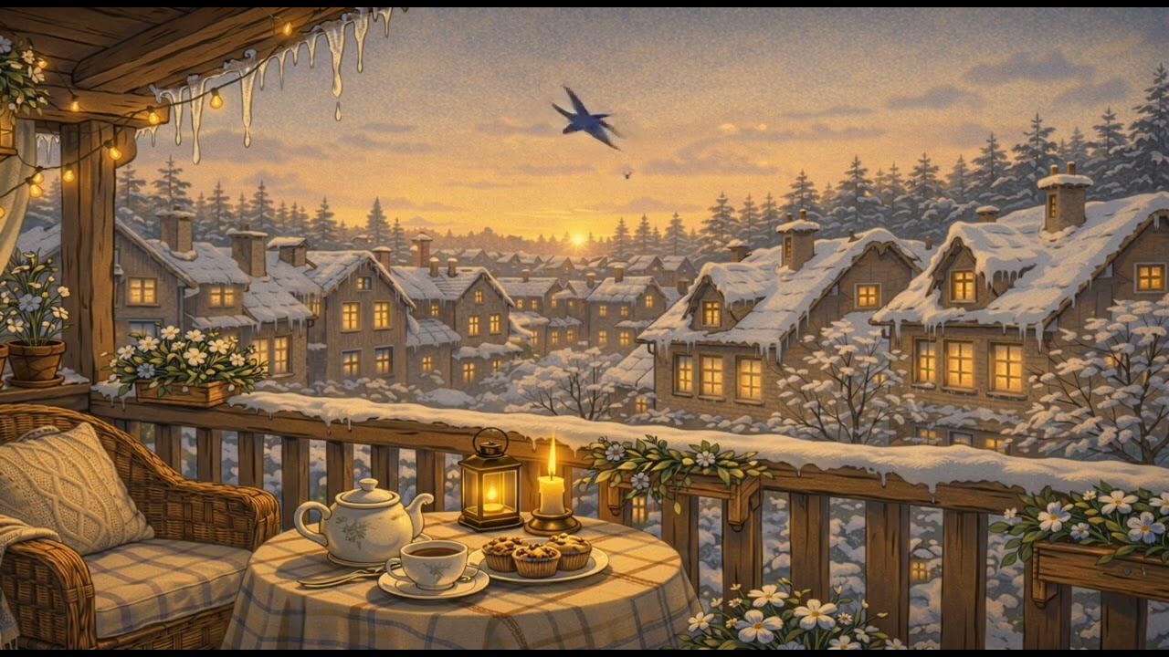 Snowy Balcony at Sunset ☕ Cozy Jazz for Sleep & Deep Relaxation