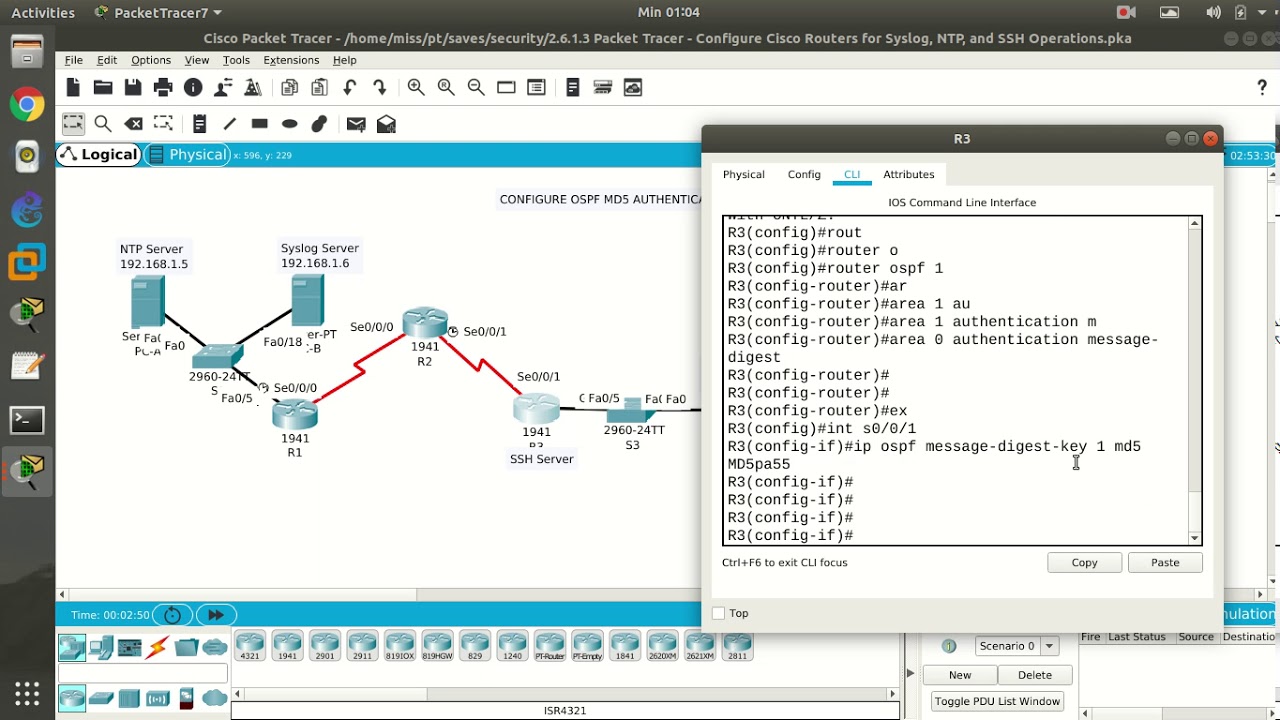 2.6.1.3 Cisco Packet Tracer 7.2 Configure Cisco Routers for OSPF md5