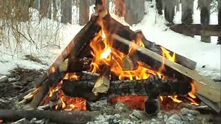 Winter bonfire in the snow with sounds smoke sparks #video