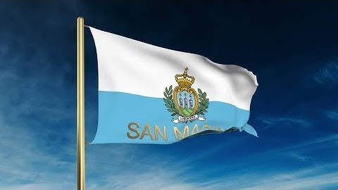 4K San Marino flag slider style with title. Waving in the wind with cloud background animation