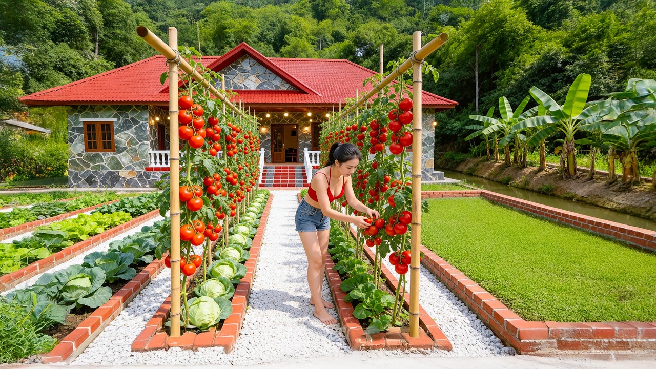 TIMELAPSE -- Harvest Fresh Vegetables from the Farm — DIY Tomato Trellis and Growing Green Crops