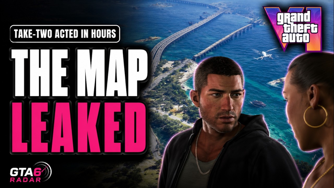 GTA 6 Radar video thumbnail: the August 2026 GTA 6 gameplay leak and alleged Leonida map that Take-Two began issuing takedowns against within hours