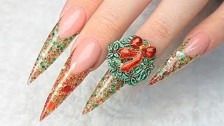 CHRISTMAS WREATH ACRYLIC STILETTO NAIL TUTORIAL