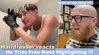 Hairdresser reacts to Free hand highlights  beauty hairfail