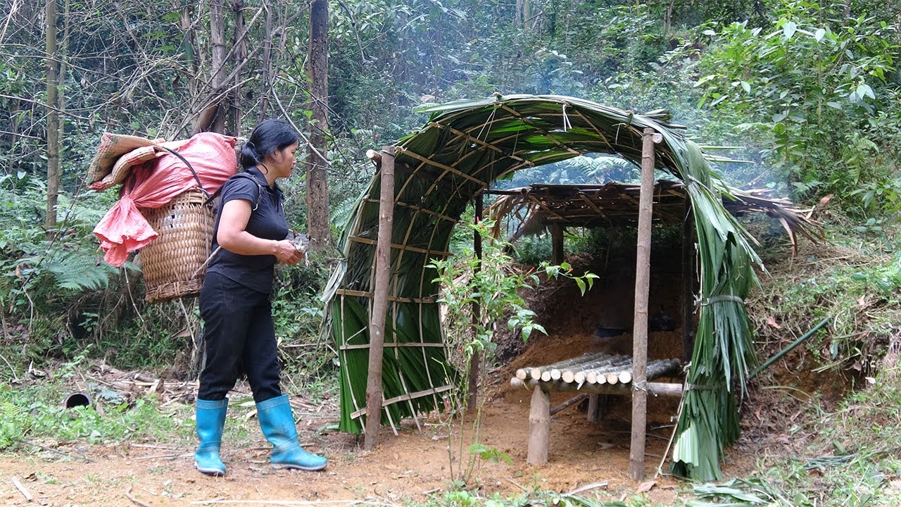 Timelapse: Homeless girl build shelter to survive in the rainforest, orphan girl