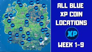 All 27 Blue XP Coins Locations in Fortnite (week 1-9)! - Deja Blue Punch Card