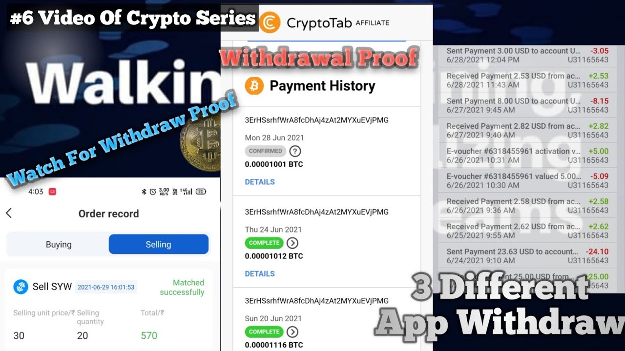 3 Different App Withdraw Proof. CryptoTab Browser,  SYW Coin app, Dogeminingpaid.com Website,