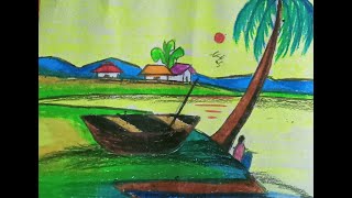 How To Draw An Easy Village Scenery//Beginner Scenery Drawing// LandscapeTreeHouseHillsoilpastel