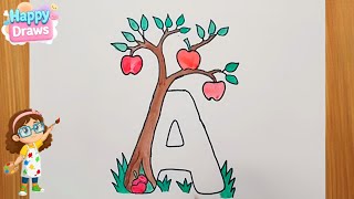 How to Draw Letter A with Apple Tree | Easy ABC Drawing for Kids