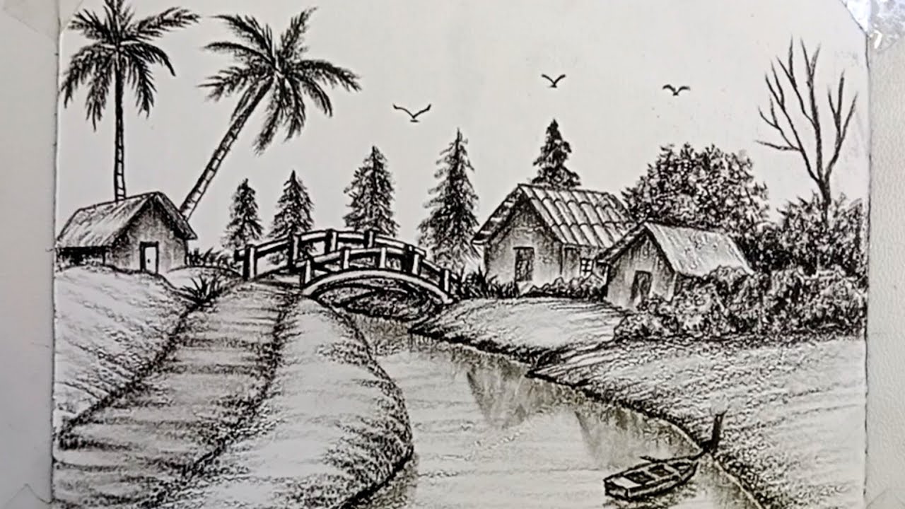 How to draw a beautiful and easy village scene // pencil drawing ...