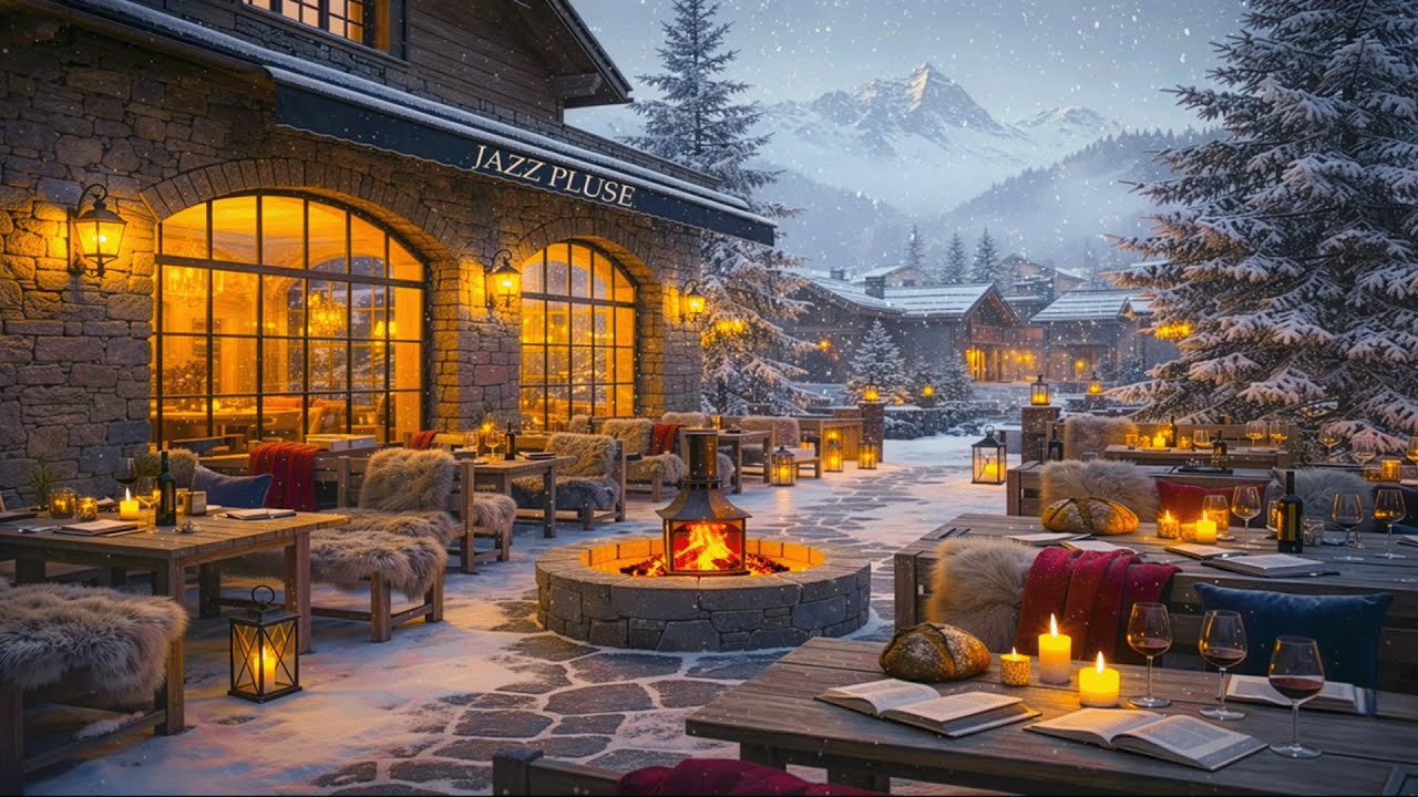 Snowy Outdoor Cafe at Jazz Pluse ❄️ Warm Fire Pit & Relaxing Jazz Music | Cozy Winter Night
