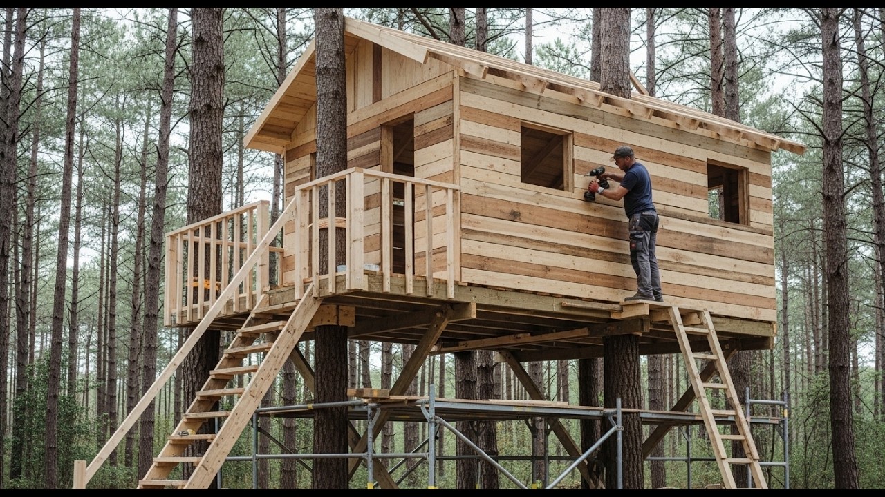 A Dad Builds a Treehouse for His Children Using Simple Tools