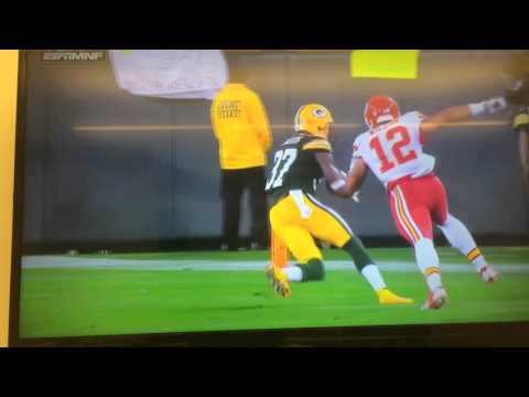 Alex Smith intercepted by Sam Shields and destroyed by Clay Matthews