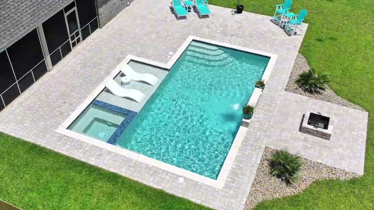 Family Backyard Pool Design | Tanning Ledge, Bubblers, Sheer Descent, And Fire Pit Area