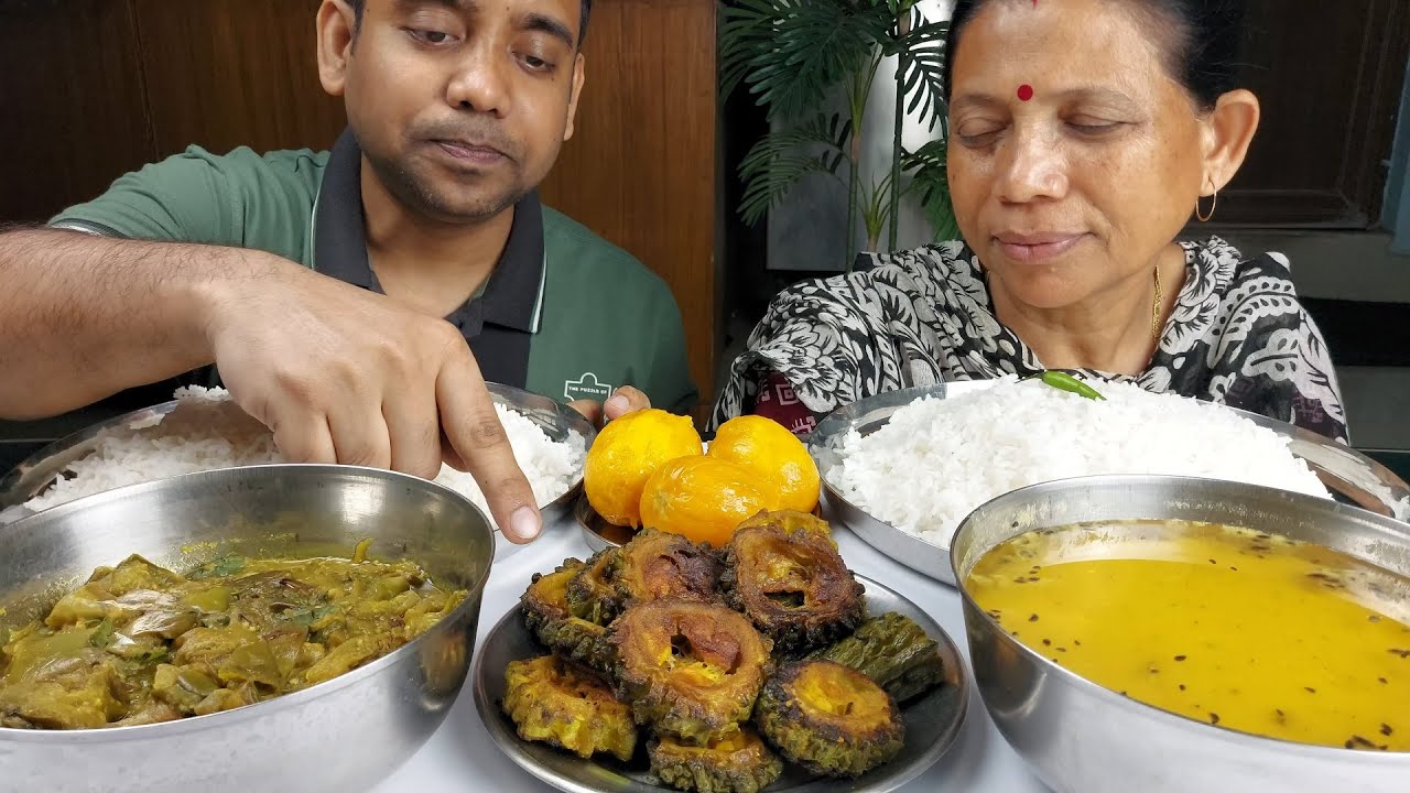Mother and Son Eating Simple Bengali Lunch , Food Mukbang