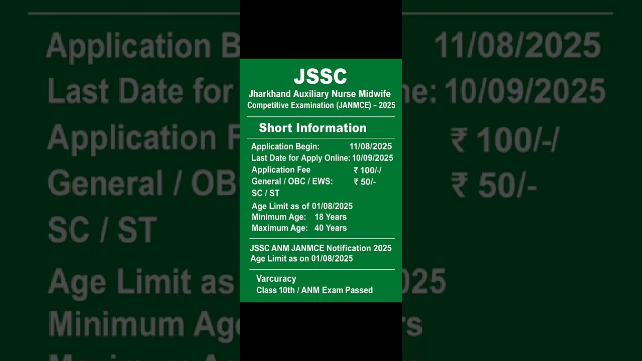 Jharkhand SSC JSSC ANM JANMCE Online Form 2025 – Apply Now