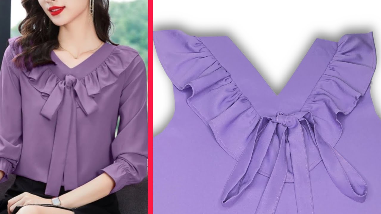 How to Sew Ruffles [V] Neck with BOW Design Easily | Sewing Techniques ...