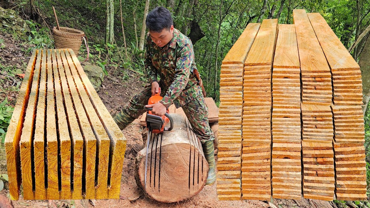 250 Days Young Man Goes into the Forest to Cut Big Trees into Many Beautiful Straight Planks