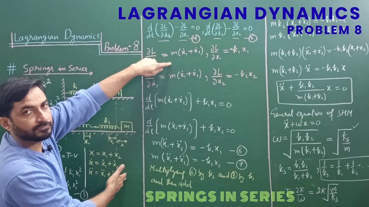 Lagrangian Dynamics - Problem 8 - Mass attached to springs in series, on a horizontal plane