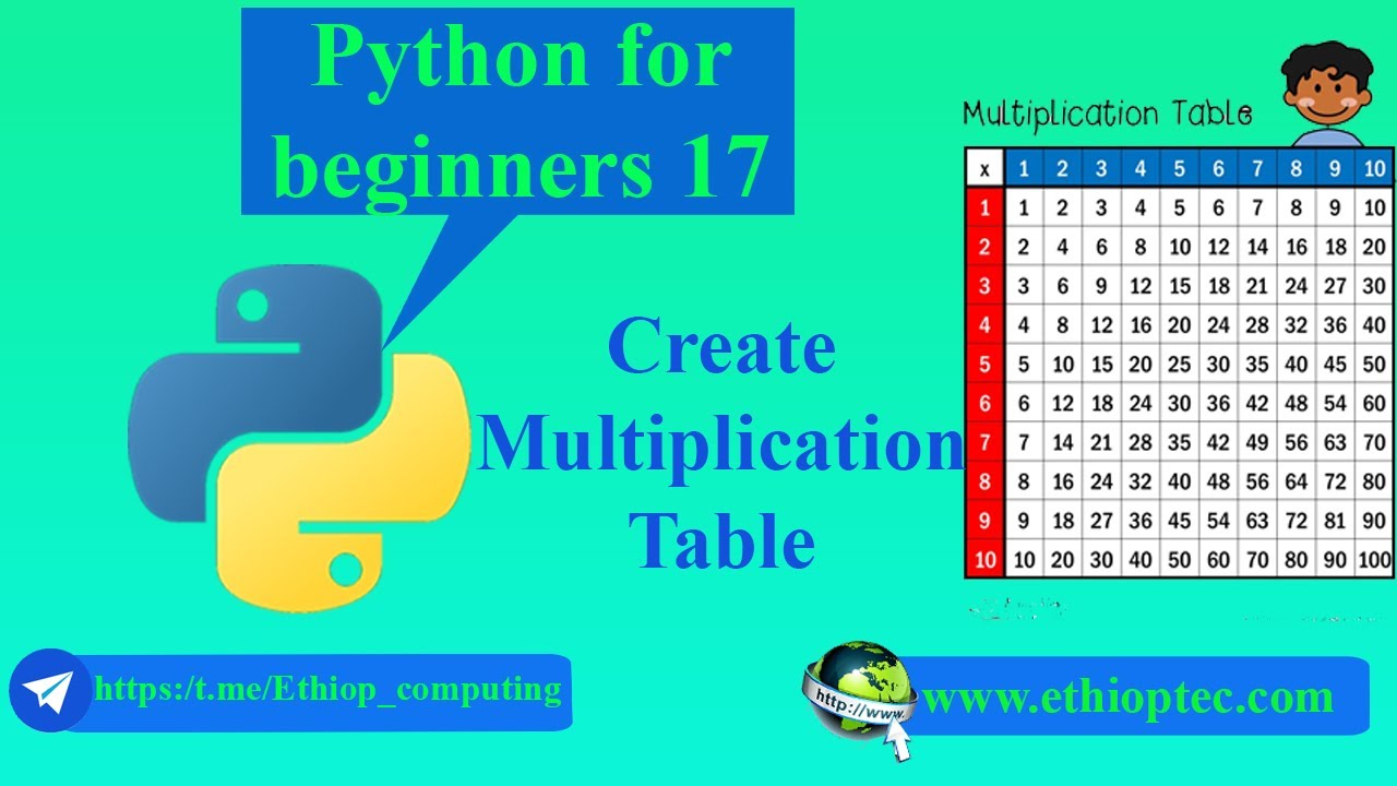 Python for Beginners 17: Creating multiplication table. - ethioptech. # ...