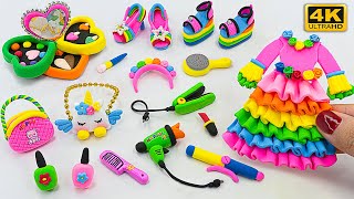 💥💥DIY HowTo Make Polymer Clay Miniature Makeup Set, Rainbow Dress, Shoes, Eyeshadow, Unicorn Bag #75