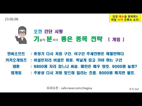 [오전종목전략] 엔씨소프트 카카오게임즈 넵튠 <strong>엠게임</strong> 게임주 주가 매매전략 230608