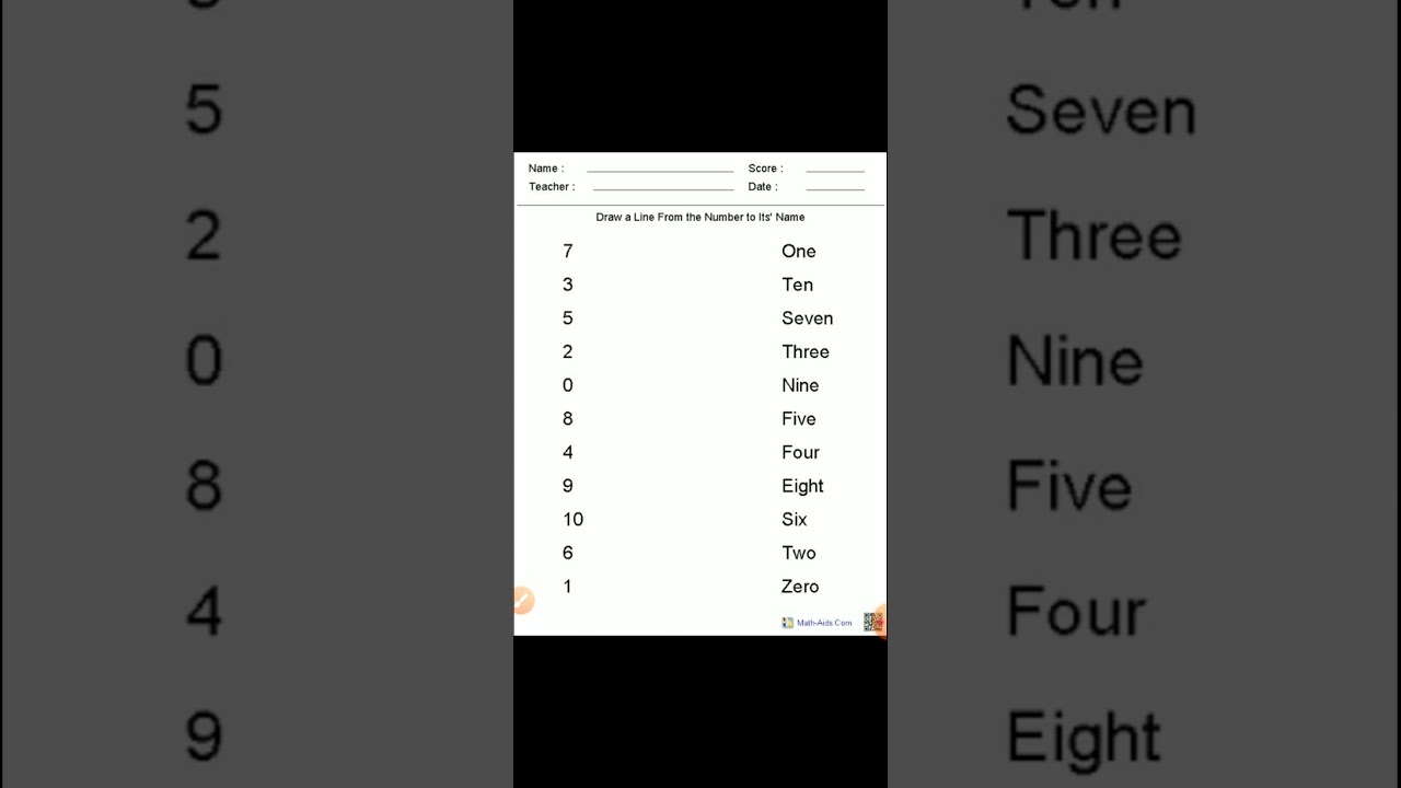 Match number with their name (maths) for" ukg"
