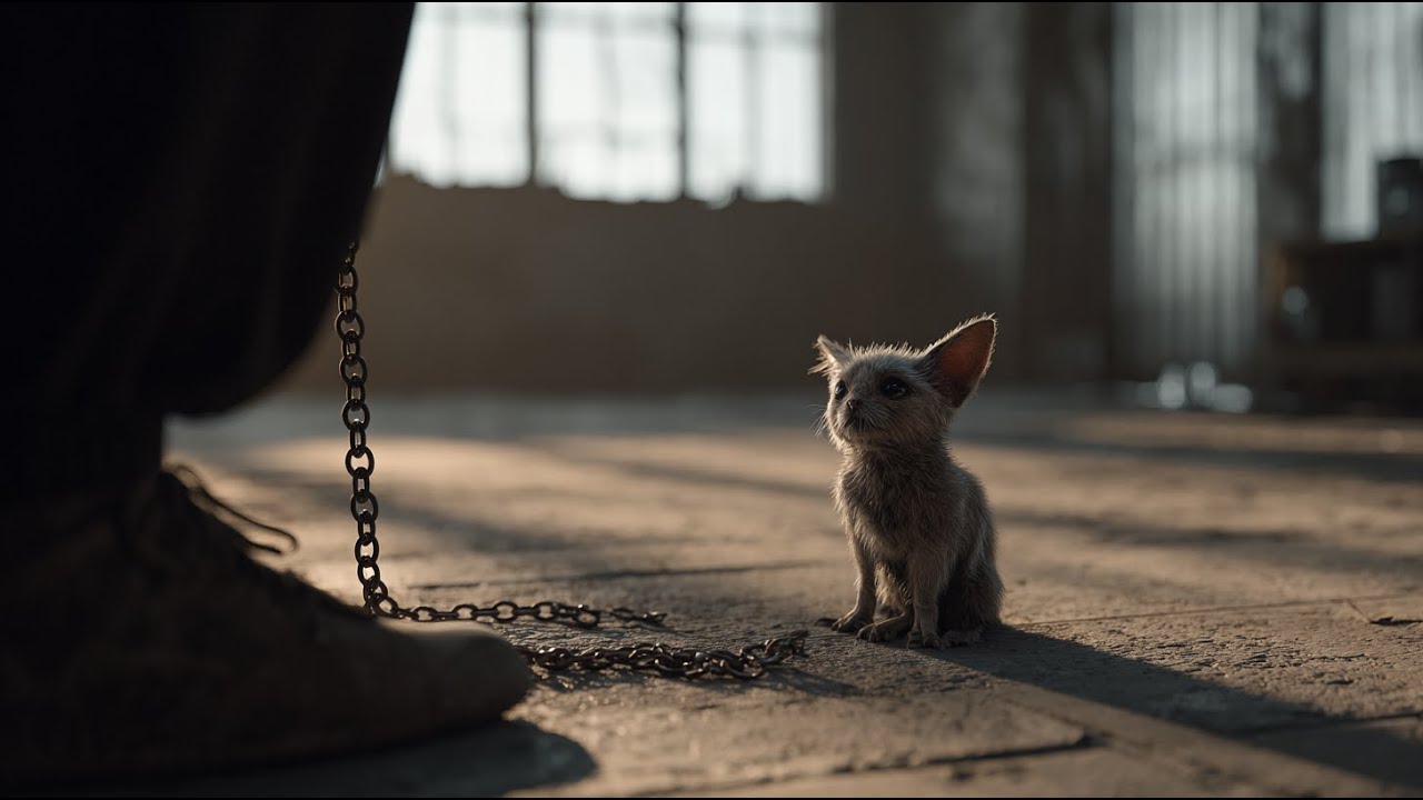 The Alien Kitten chained up awaiting her death, closes her eyes, preparing for the end until a Brave