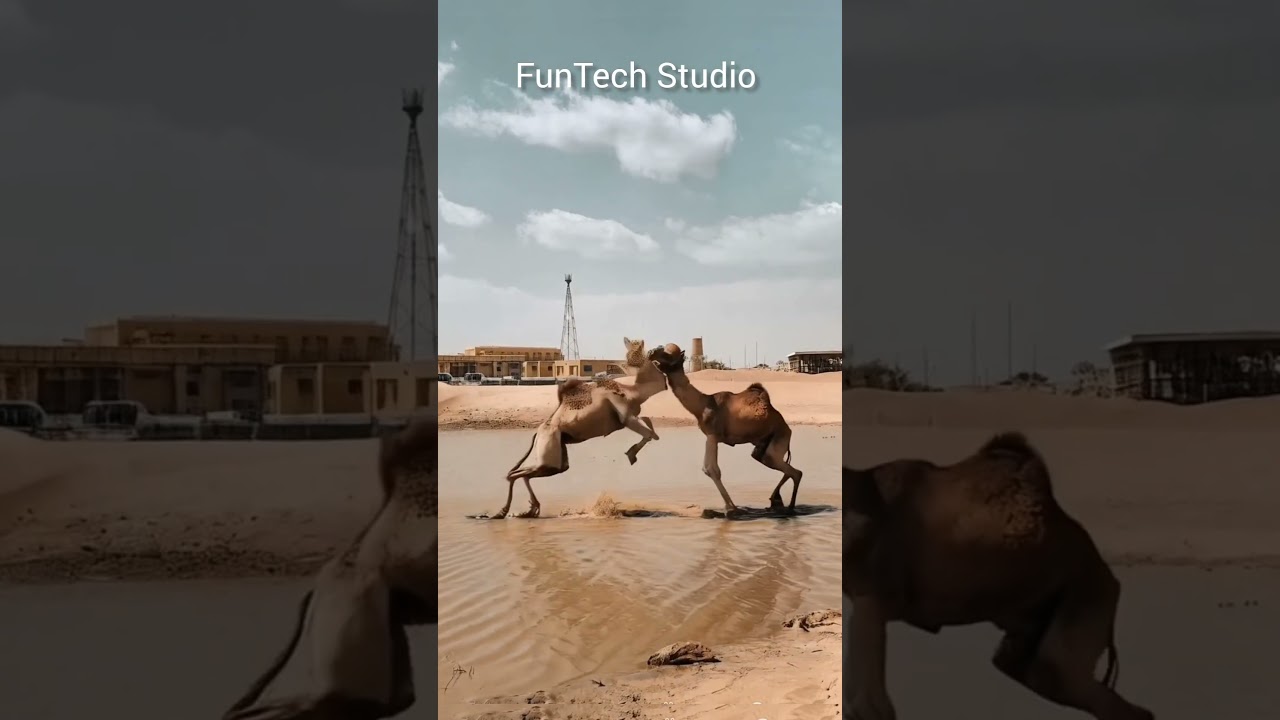 A Desert With Two Camels fighting each other 