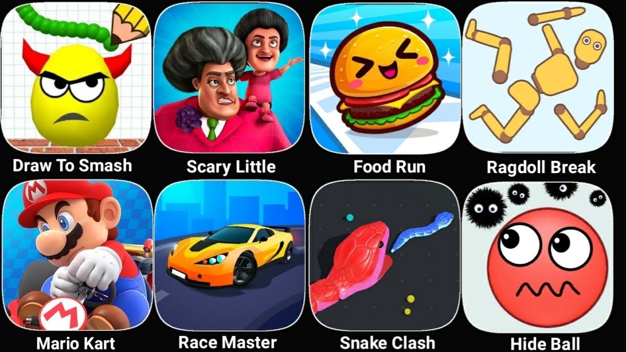 Draw To Smash, Scary Little, Food Run, Ragdol Break, Mario Kart, Race Master, Snake Clash, Hide Ball