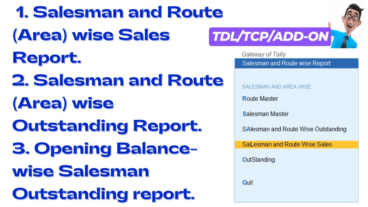 TDL/TCP: Salesman & Route/Area Wise Sales Report + Outstanding Report with Opening Balance