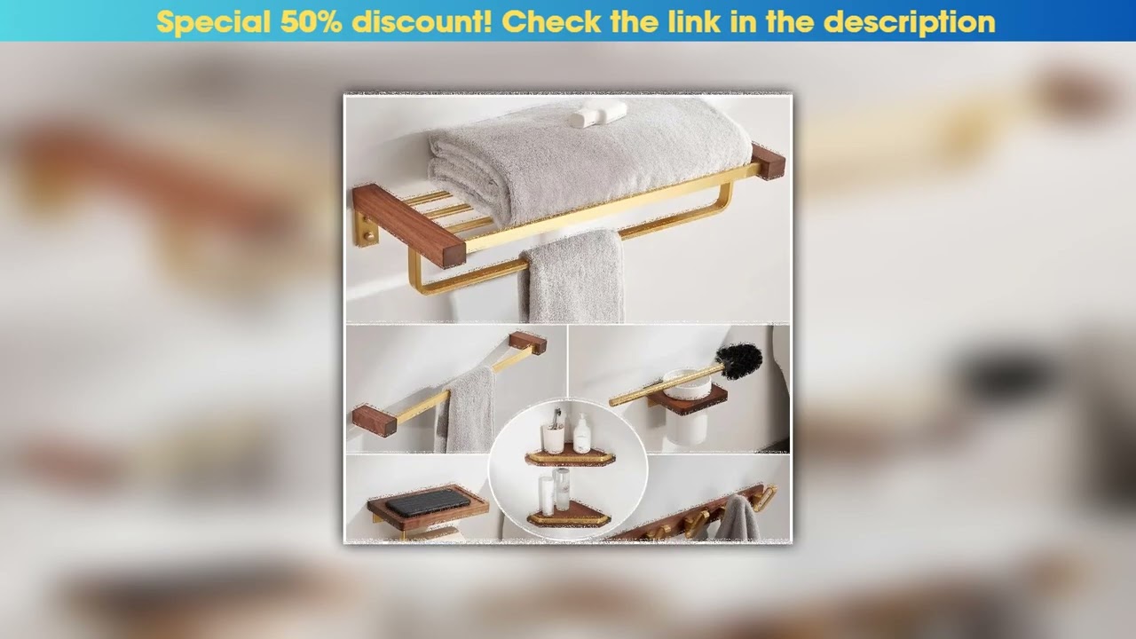 Get Walnut Wood Brushed Gold Bathroom Hardware Set Towel Rack Toilet Paper Holder Towel Bar Robe Ho