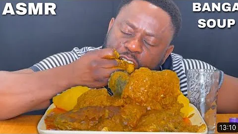 ASMR FUFU STARCH WITH PALMNUT SOUP (BANGA SOUP) WITH GOAT MEAT MERLUZA FISH NIGERIAN FOOD MUKBANG