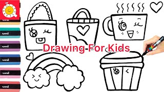 How to draw Handbag, Mug, Rainbow Cloud and Cupcake for kids,Toddlers|| Drawing for kids