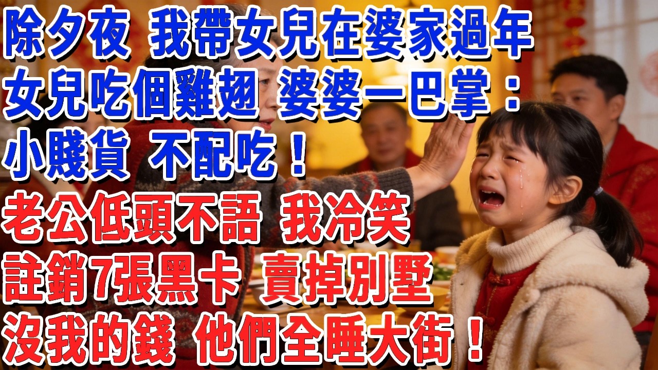 除夕夜 我帶女兒在婆家過年，女兒吃個雞翅 婆婆一巴掌：小賤貨 不配吃！老公在旁低頭不語 我冷笑，註銷7張黑卡 賣掉別墅，沒我的錢 他們全睡大街！#小娟講故事 #情感故事 #老年生活