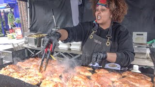 London Street Food, Poland Sausages, Roasts, American Chicken,  Beef. The Market of Lower Marsh