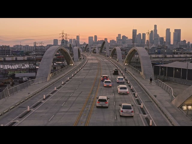 Drone footage from 6th Street Bridge Los Angeles, CA (4K) class=
