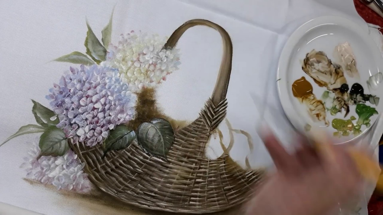 Pintando  cesta com hortencias - Parte3