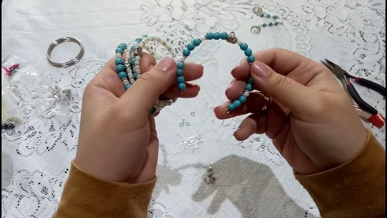 سلسلة تعليم الإكسسوارات | طريقة عمل إسورة من سلك السوستة وحلق من الفيروز وخرز التفسيرة الأوف وايت