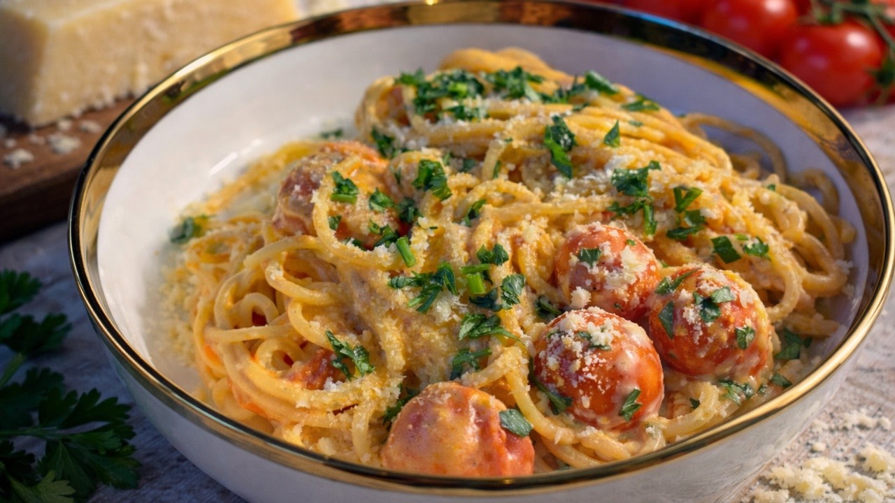 Сливочная паста с помидорами черри, пармезаном и моцареллой — ресторан у вас дома!