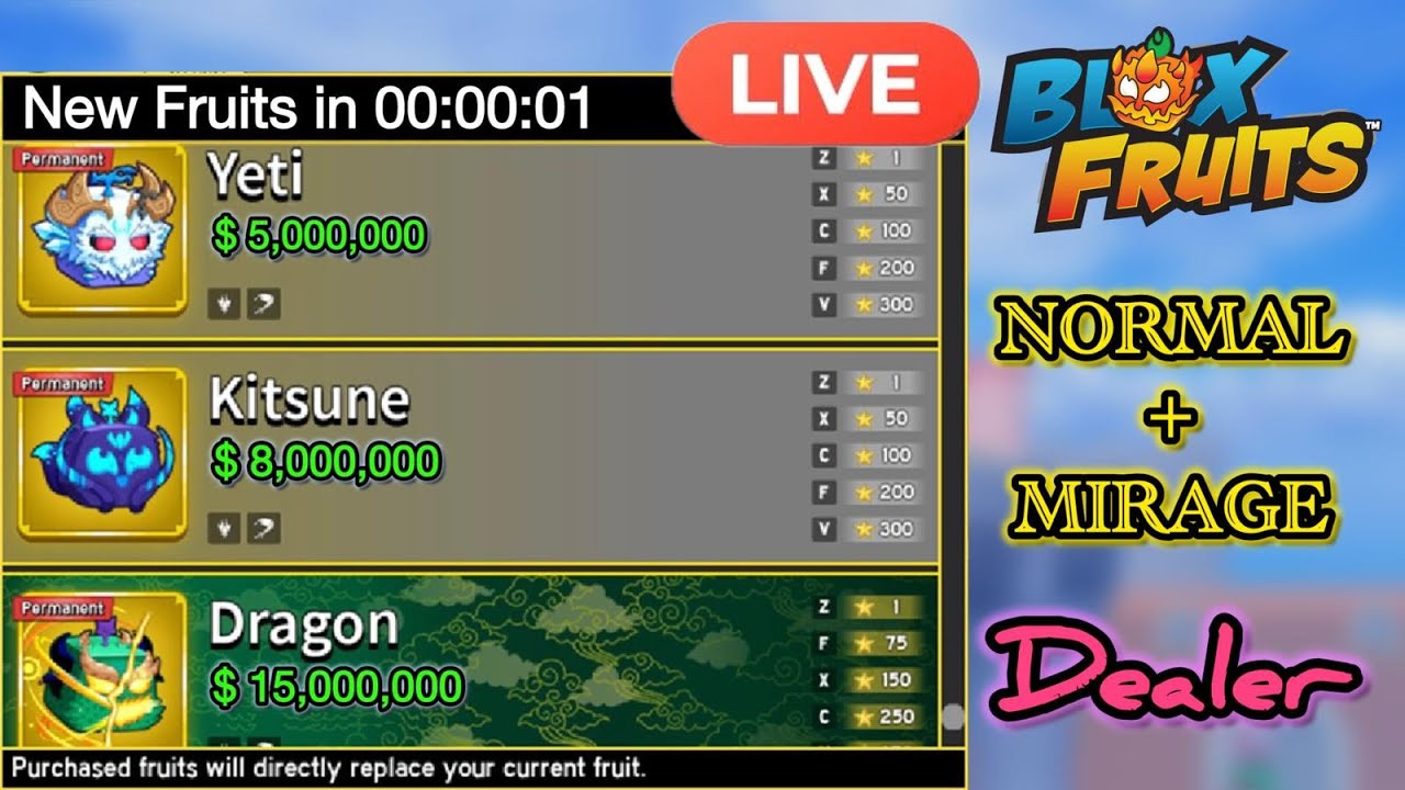 🔴[LIVE] Blox Fruits Dealer Stock – Normal & Mirage Dealer (Auto Updates!)