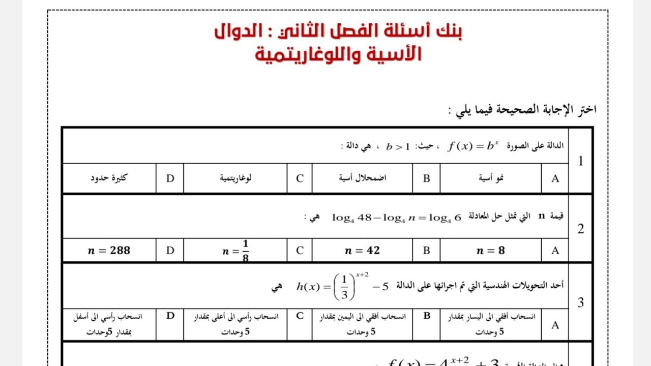 مراجعة الدوال الاسية واللوغاريتمية  ثالث ثانوي ,مراجعة الباب الثاني رياضيات٣ ,الباب الثاني رياضيات ٣