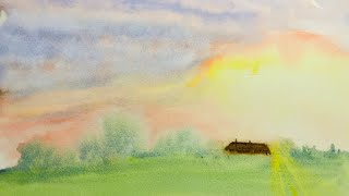 Countryside sunset watercolor demo | Simple watercolor painting tutorial | landscape painting