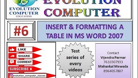#6  How to insert and format a table in ms word with evolution computer classes !! Mahankal Mewada