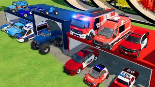 TRANSPORTING CARS, AMBULANCE, POLICE CARS, FIRE TRUCK, MONSTER TRUCK OF COLORS! WITH TRUCKS!  FS 22