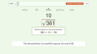 Simplify sqrt(100/361) - Square Root of a Fraction | Tiger Algebra Solver