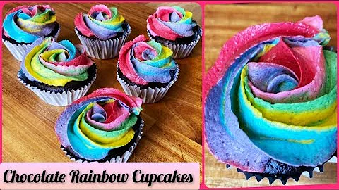 170. Chocolate Cupcake With Rainbow Buttercream Frosting | Rainbow Cup Cakes | Eggless Cupcakes